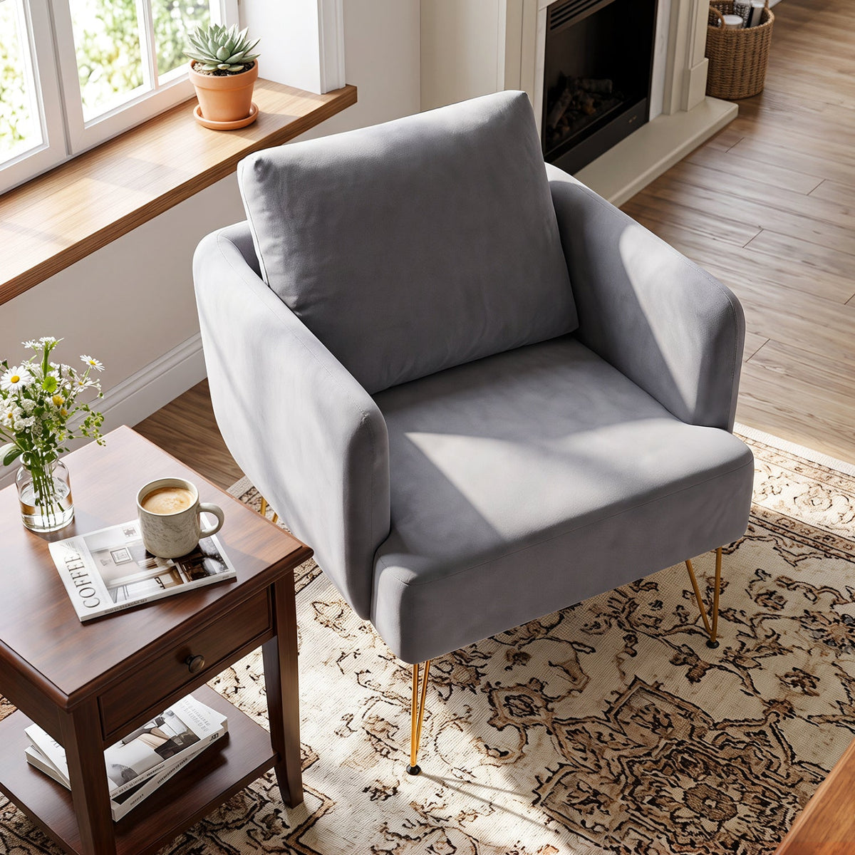 Velvet Accent Chair with Back Cushion and Golden Metal Legs 2