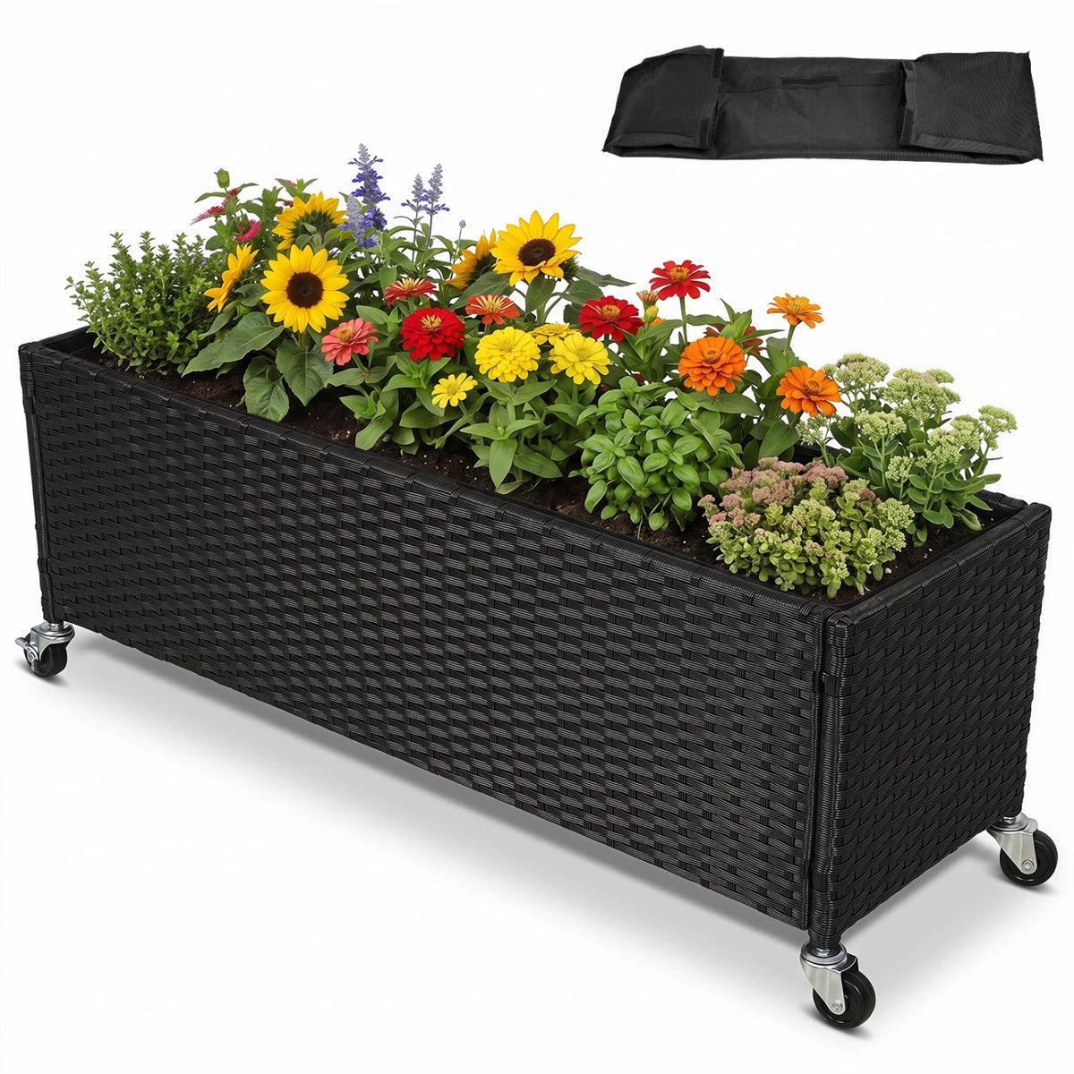 Raised Garden Bed with Wheels - PE Rattan Planter Box 3