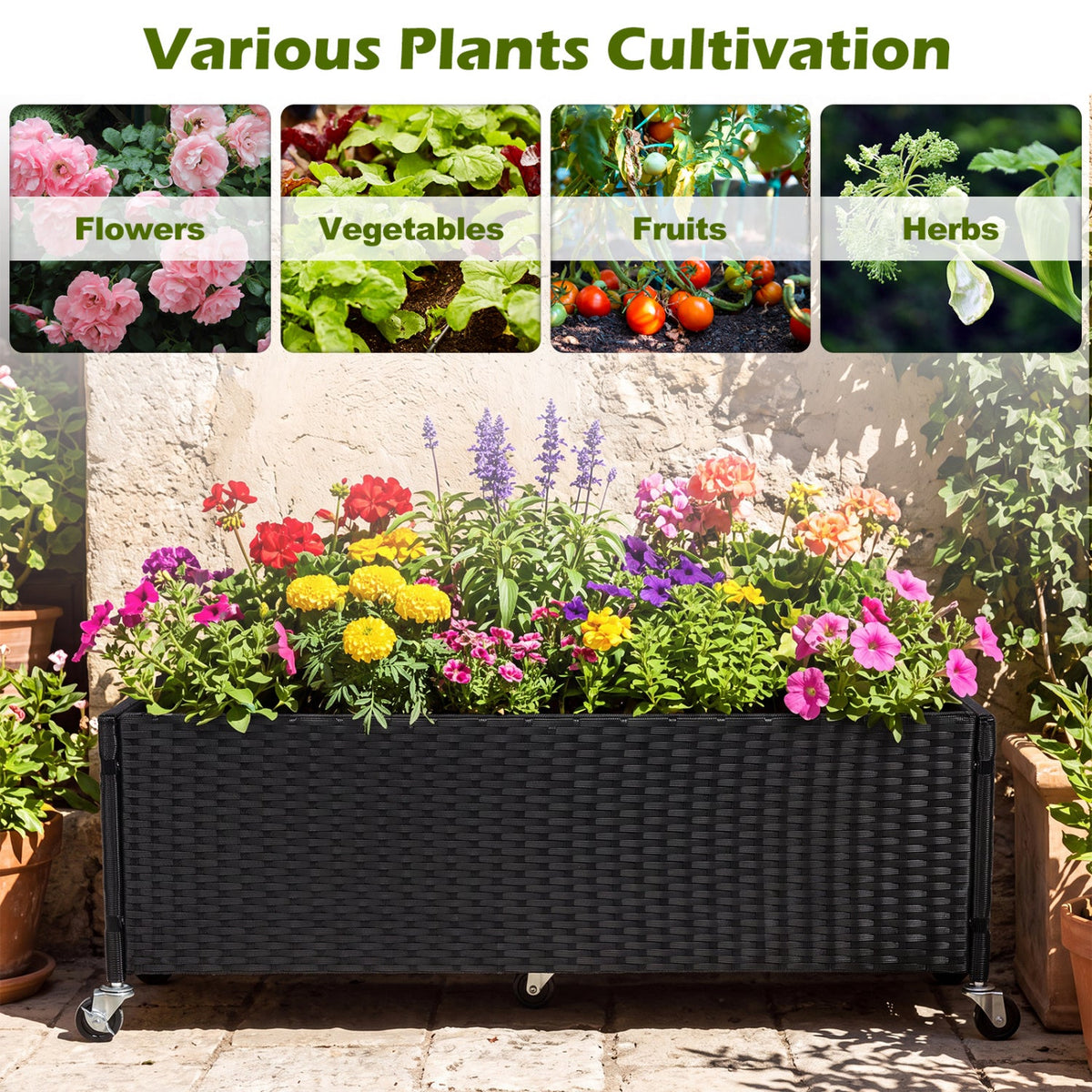 Raised Garden Bed with Wheels - PE Rattan Planter Box 7