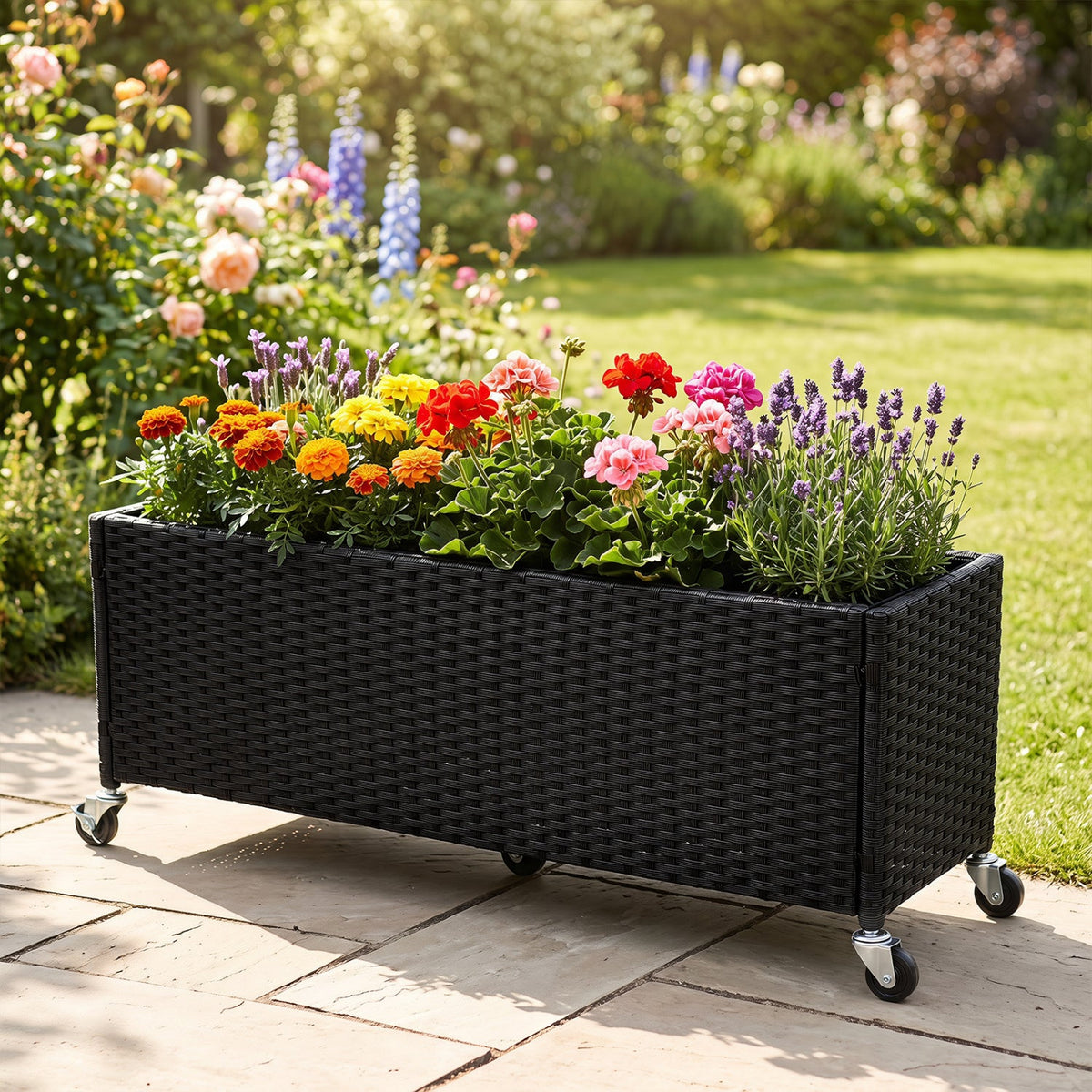 Raised Garden Bed with Wheels - PE Rattan Planter Box 2