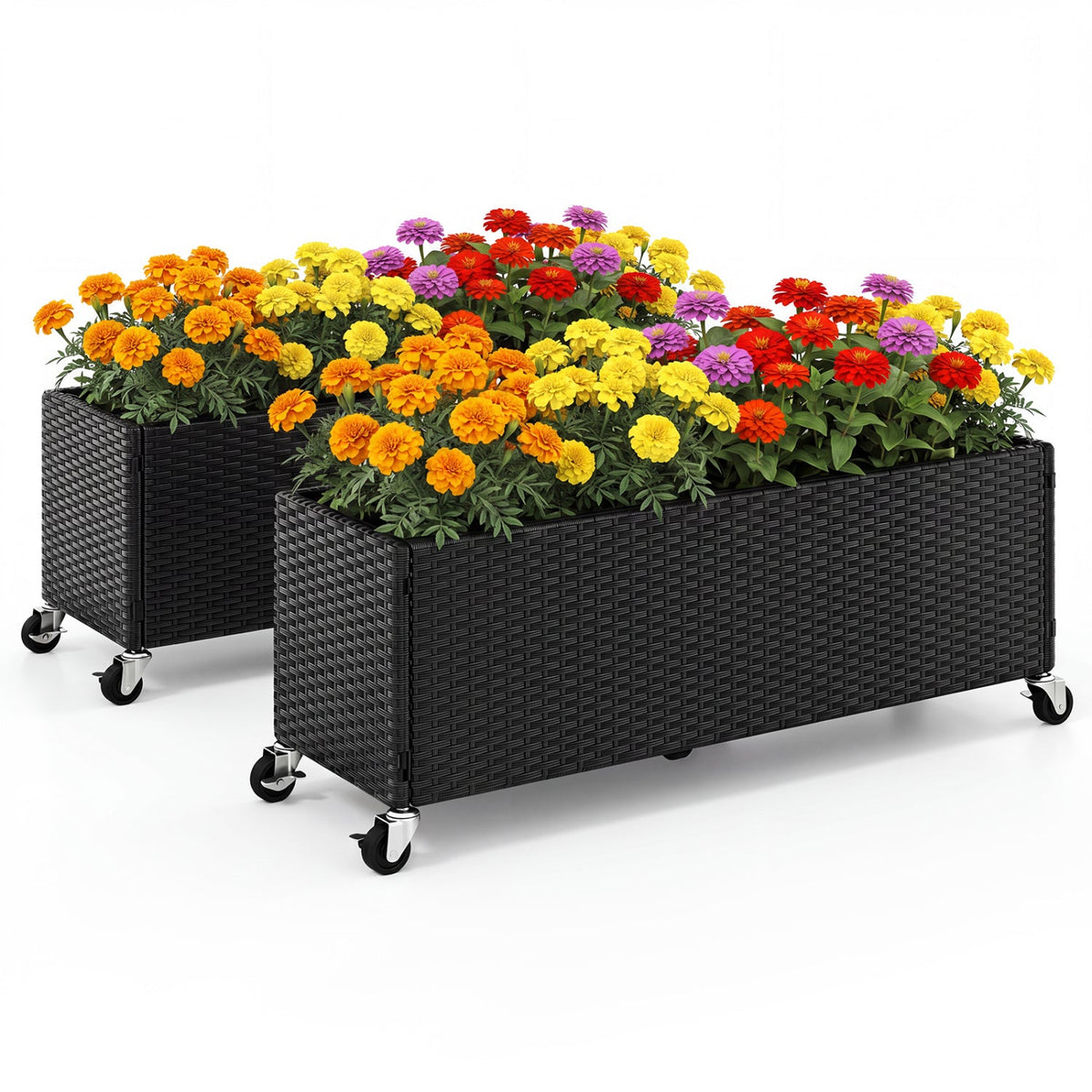 Raised Garden Bed Set of 2 with Wheels and PE Rattan 3
