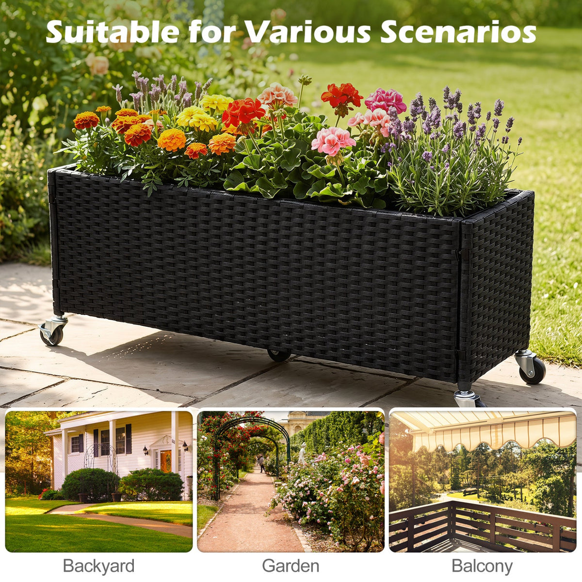 Raised Garden Bed Set of 2 with Wheels and PE Rattan 8