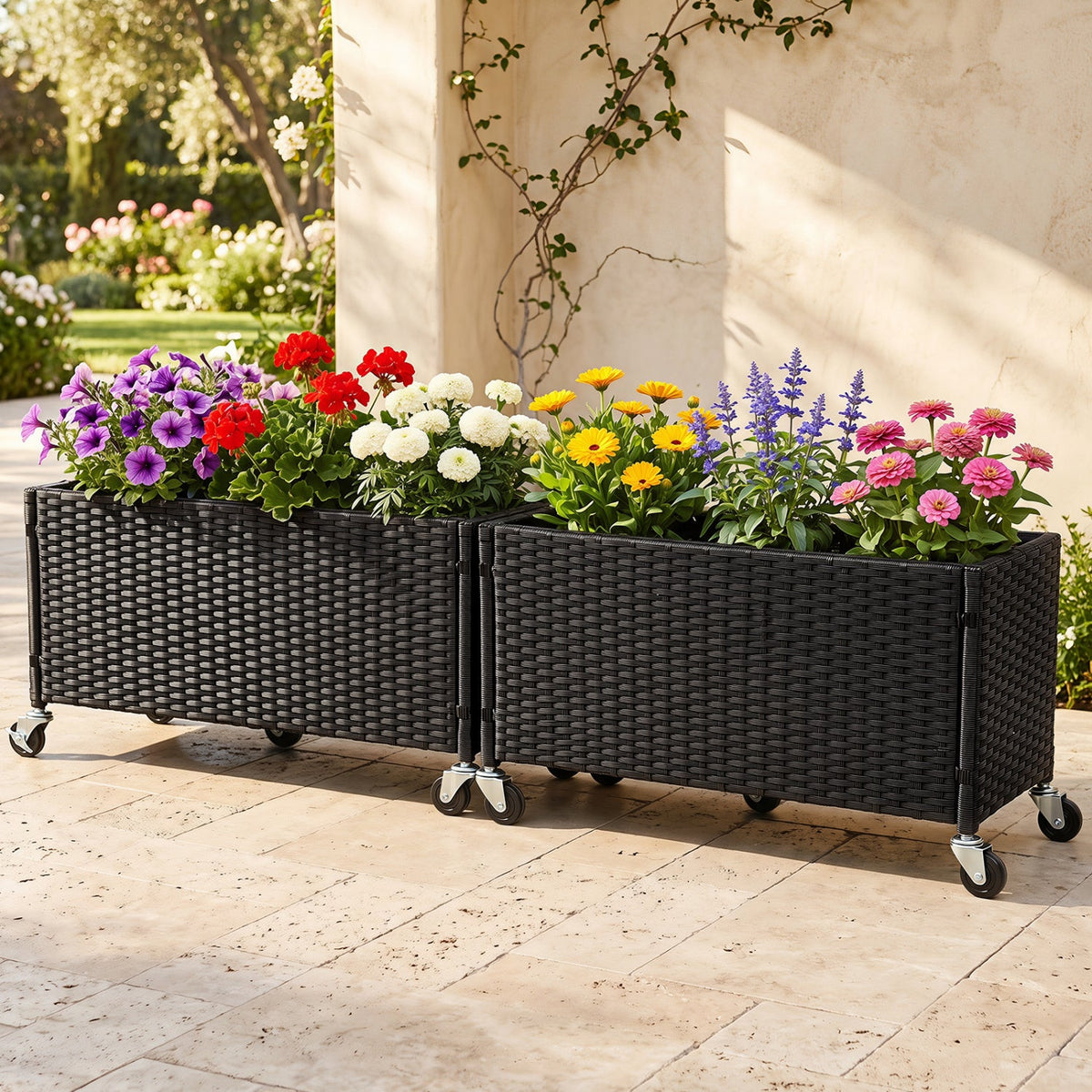 Raised Garden Bed Set of 2 with Wheels and PE Rattan 1