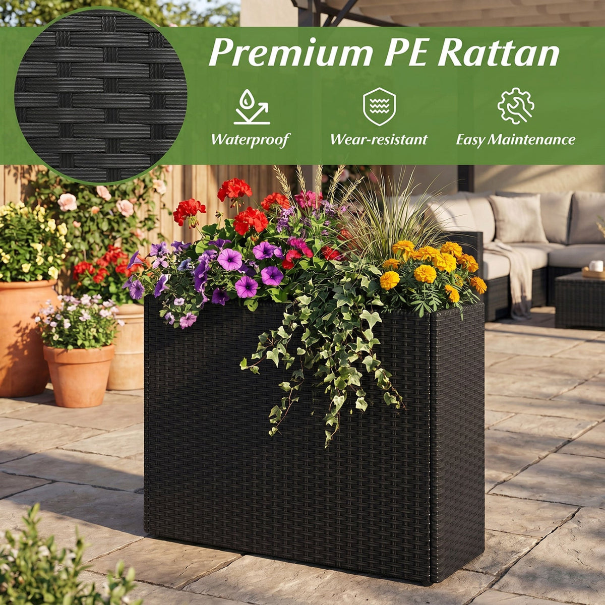 Raised Garden Bed with PE Rattan Wicker and Liner 32" 4
