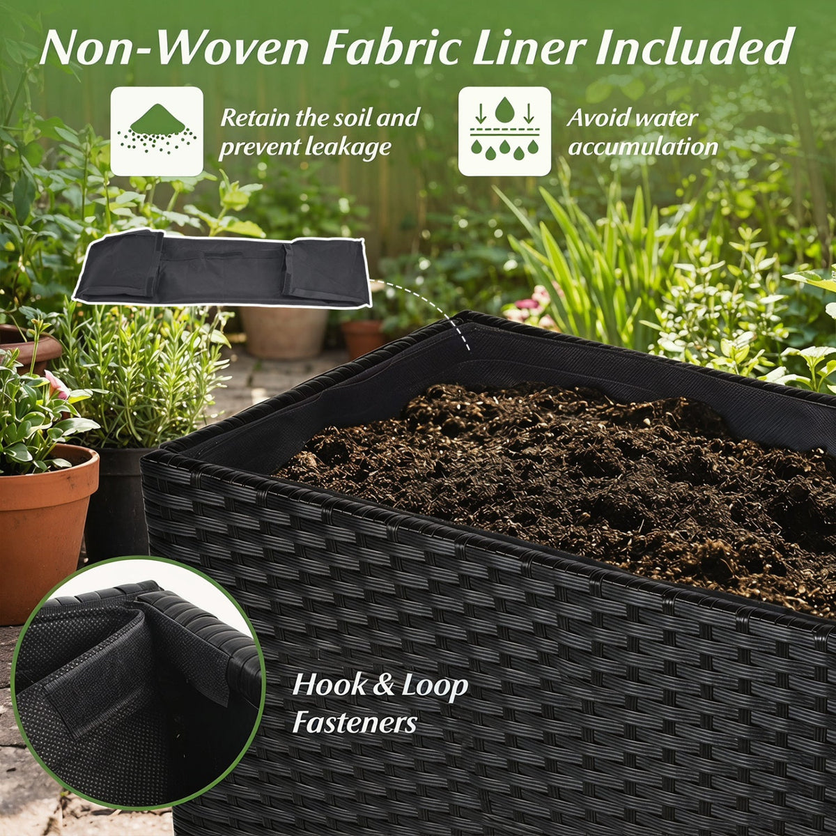 Raised Garden Bed Set of 2 with PE Rattan Wicker & Liner 6