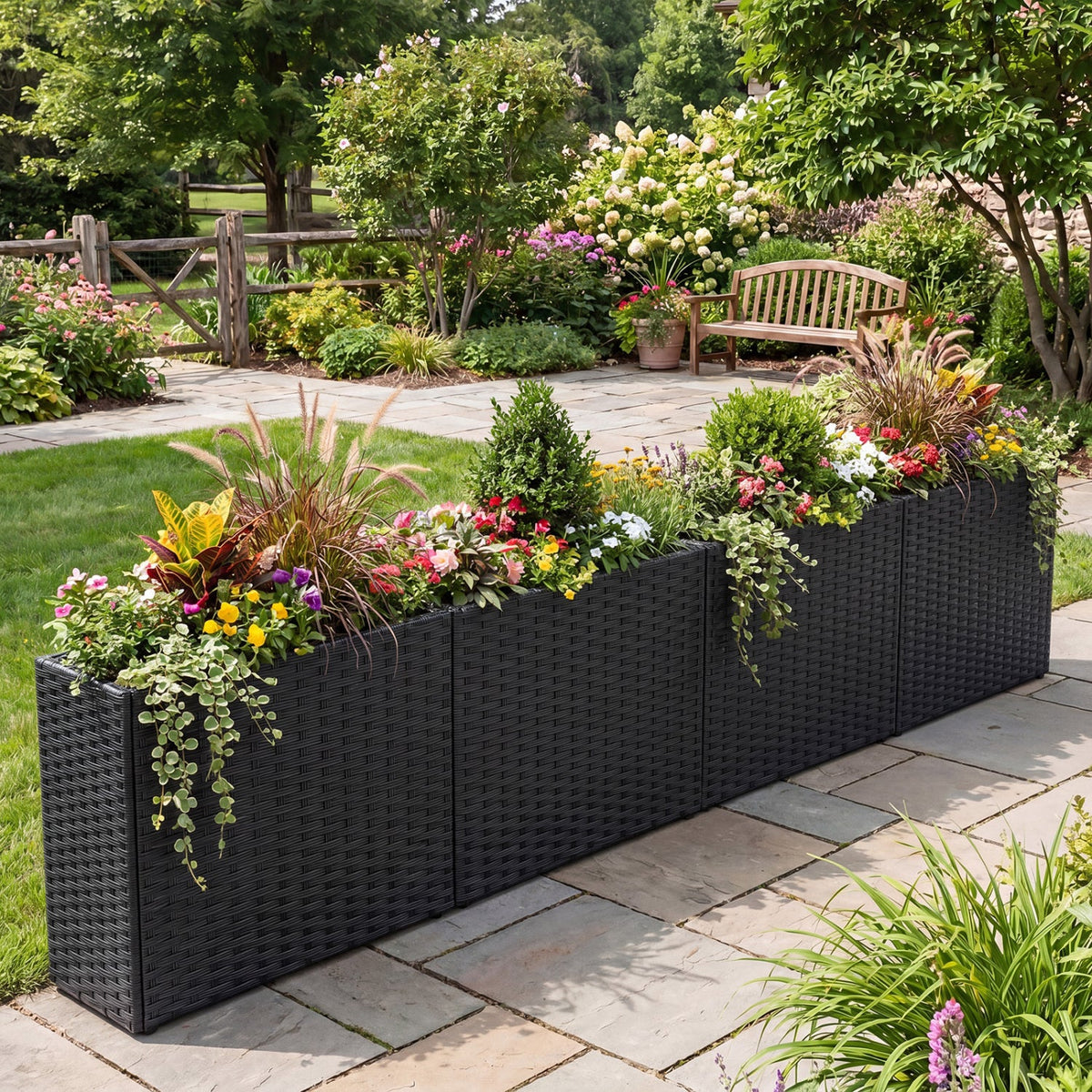 Raised Garden Bed Set of 2 with PE Rattan Wicker & Liner 1