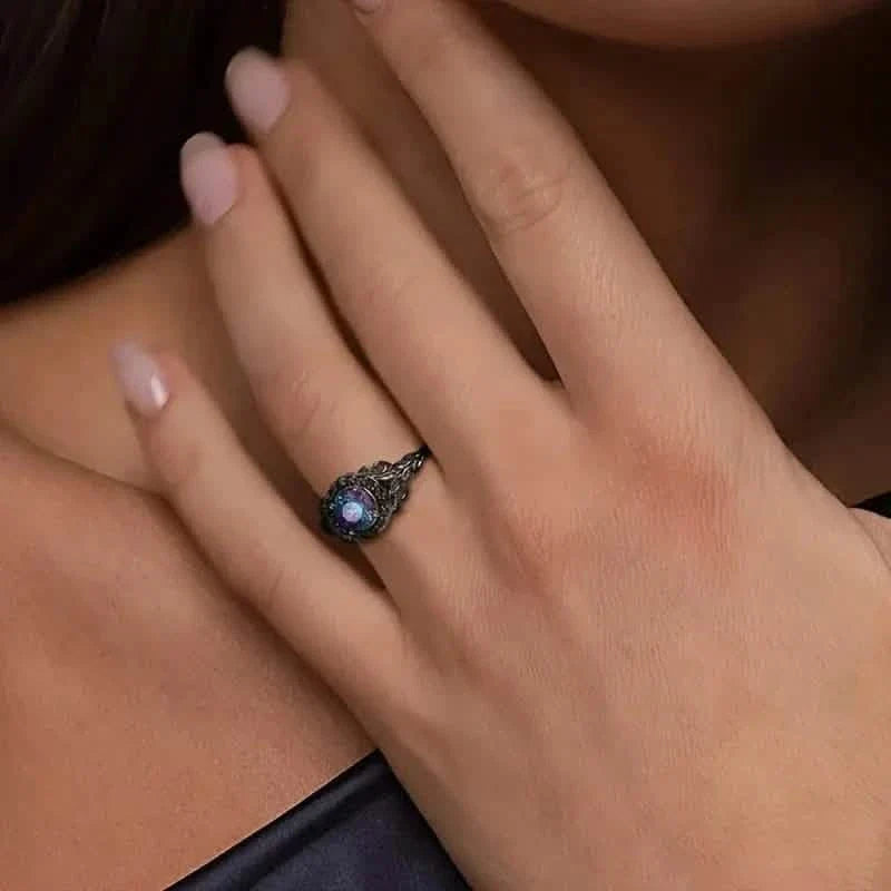 Vintage Gothic Style Synthetic Rainbow Stone Ring with Imitation Black Zirconia 5