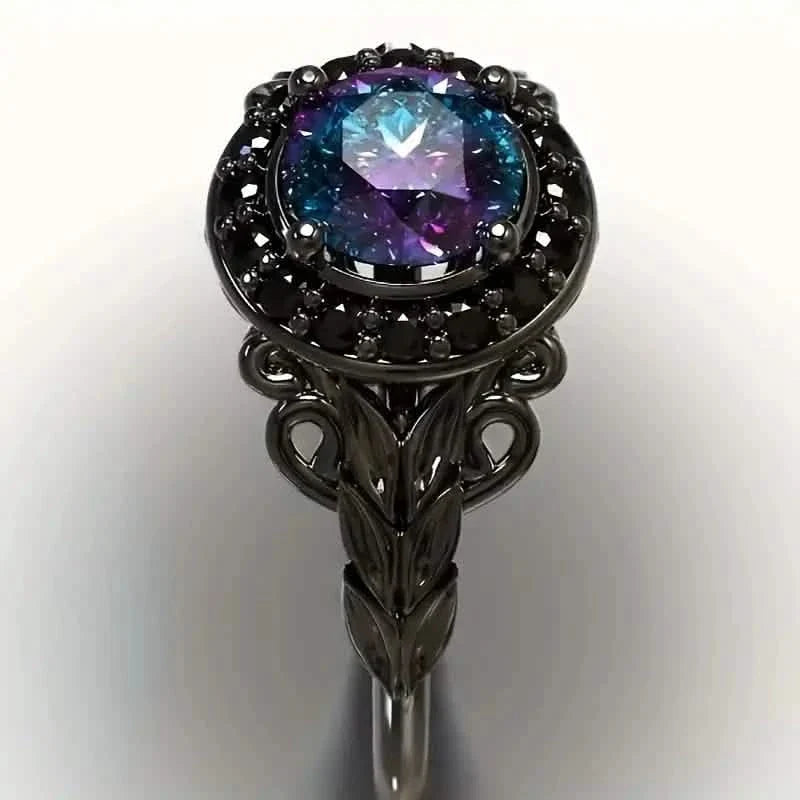 Vintage Gothic Style Synthetic Rainbow Stone Ring with Imitation Black Zirconia 7