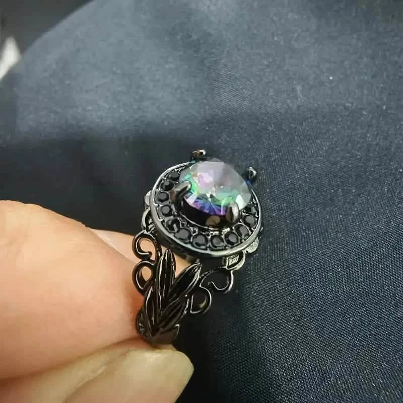 Vintage Gothic Style Synthetic Rainbow Stone Ring with Imitation Black Zirconia 2