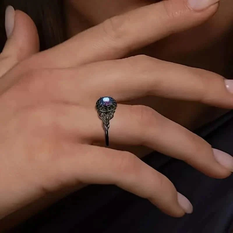 Vintage Gothic Style Synthetic Rainbow Stone Ring with Imitation Black Zirconia 4
