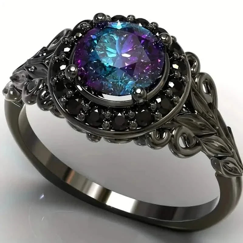 Vintage Gothic Style Synthetic Rainbow Stone Ring with Imitation Black Zirconia 1
