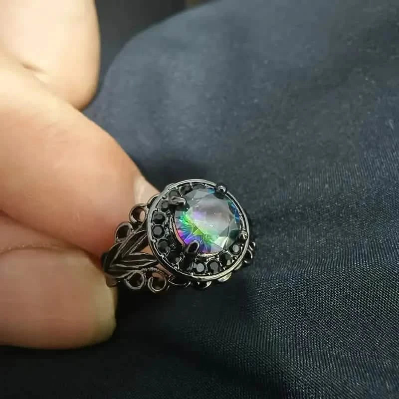 Vintage Gothic Style Synthetic Rainbow Stone Ring with Imitation Black Zirconia 3