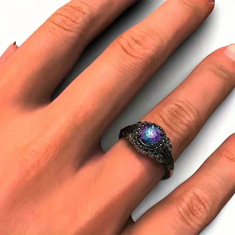 Vintage Gothic Style Synthetic Rainbow Stone Ring with Imitation Black Zirconia 6