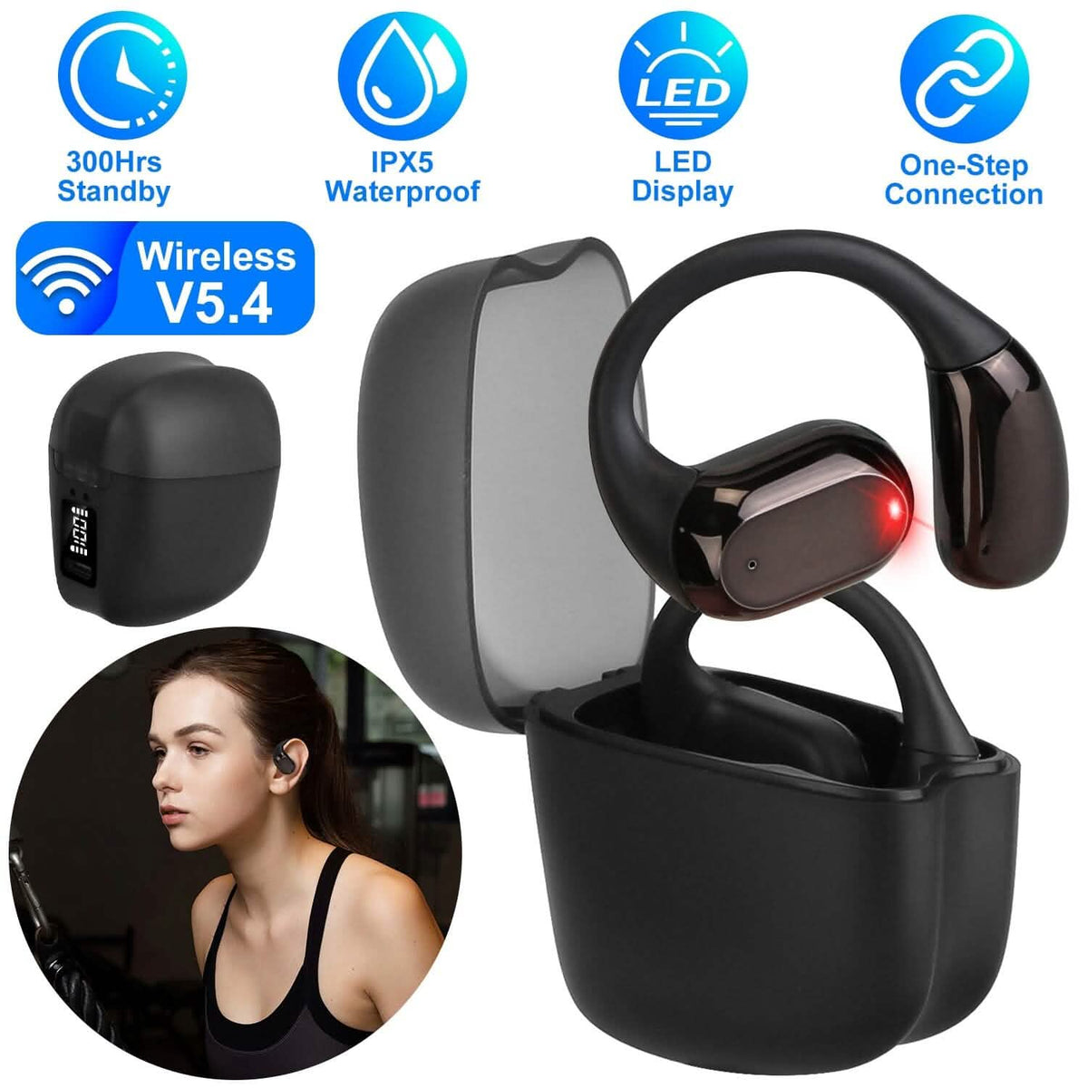 Wireless V5.4 Open Ear Earbuds with Earhook LED Display Charging Case 5