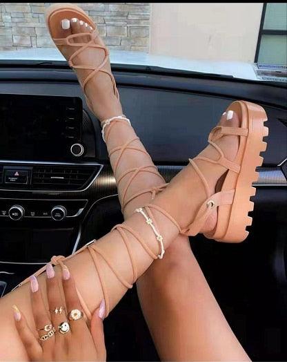 Woman Platform Sandal Ankle Wrap Fashion Lace Up Shoe Women's Casual Strappy Sandal Modern Lace Up Shoe Women Non Slip Women's Footwear White Walking Sandal 3