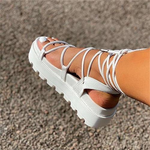 Woman Platform Sandal Ankle Wrap Fashion Lace Up Shoe Women's Casual Strappy Sandal Modern Lace Up Shoe Women Non Slip Women's Footwear White Walking Sandal 4