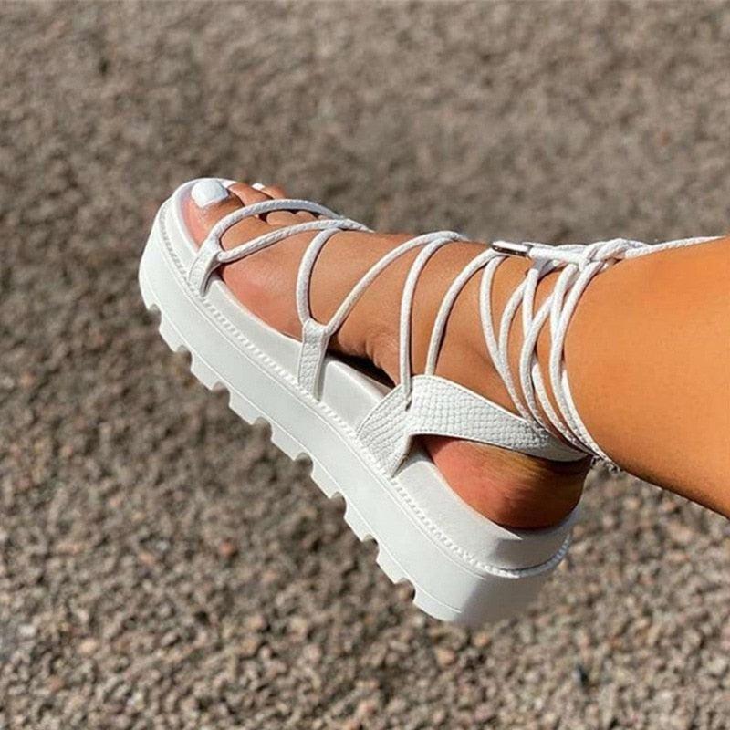 Woman Platform Sandal Ankle Wrap Fashion Lace Up Shoe Women's Casual Strappy Sandal Modern Lace Up Shoe Women Non Slip Women's Footwear White Walking Sandal 1