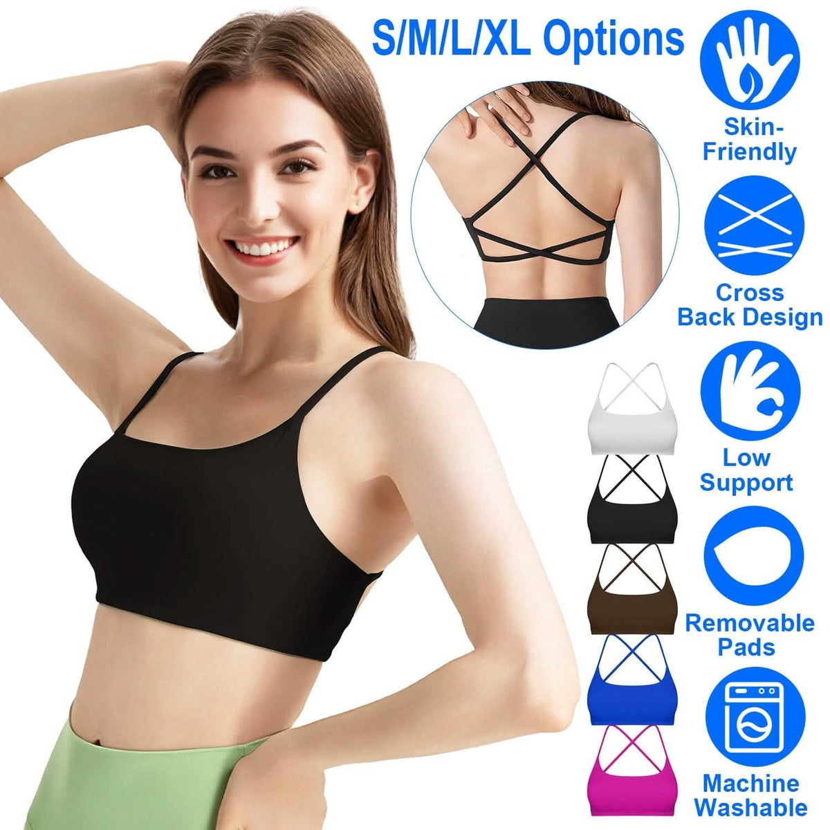 Women Cross Back Sport Bras Padded with Removable Pads Thin Straps 18