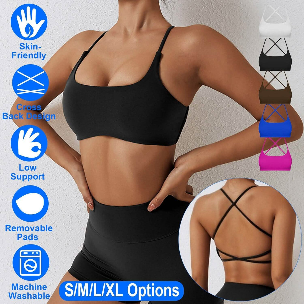 Women Cross Back Sport Bras Padded with Removable Pads Thin Straps 15