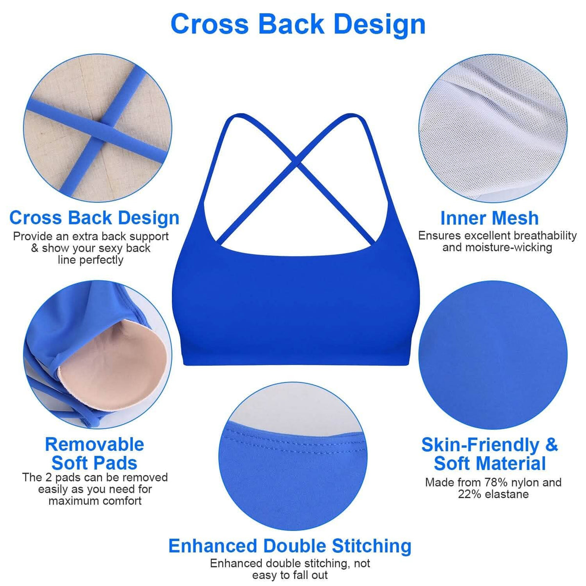 Women Cross Back Sport Bras Padded with Removable Pads Thin Straps 10