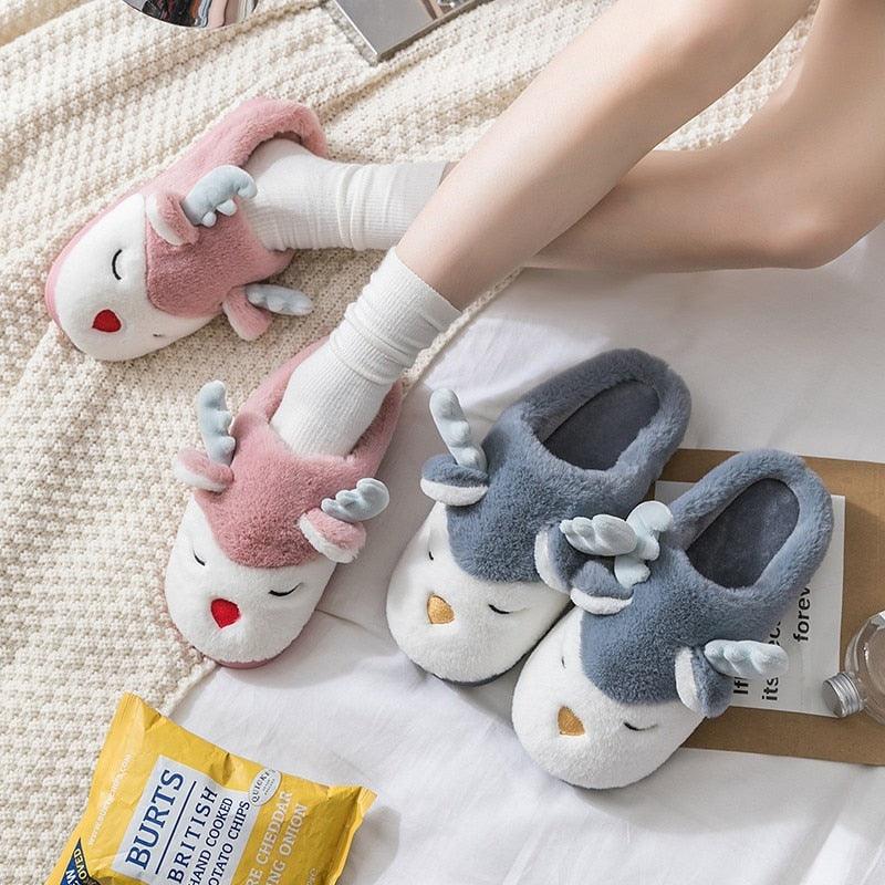 Women Winter Home Slippers Deer Elk Non-slip Soft Warm House Shoes Mens GIrs Indoor Bedroom Couples Floor Footwear Fuzzy House Slippers For Women Durable Furry Bedroom Slipper Lightweight And Non-Slip 5