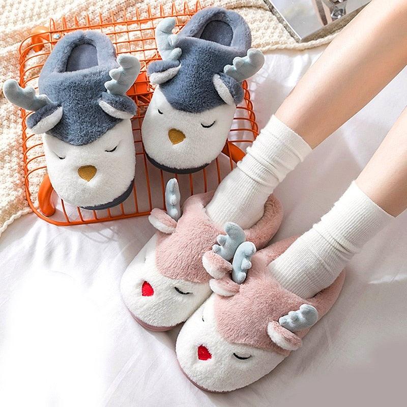 Women Winter Home Slippers Deer Elk Non-slip Soft Warm House Shoes Mens GIrs Indoor Bedroom Couples Floor Footwear Fuzzy House Slippers For Women Durable Furry Bedroom Slipper Lightweight And Non-Slip 1