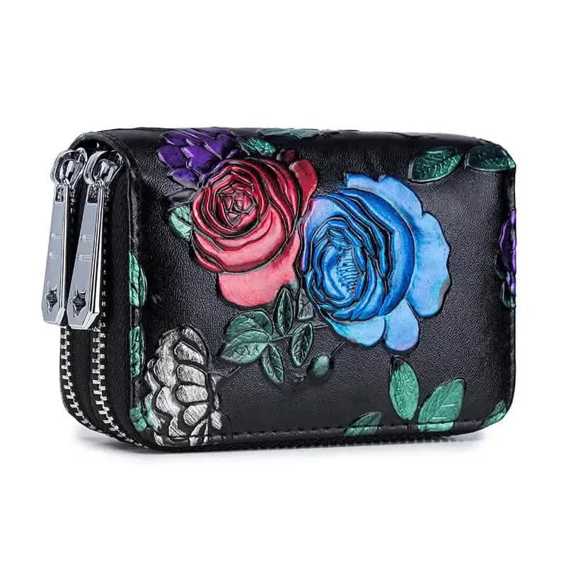 Women's Floral Faux Leather Double Zipper Card Holder and Coin Purse 1