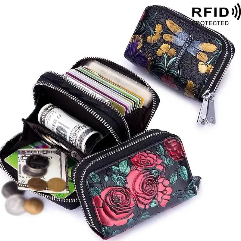 Women's Floral Faux Leather Double Zipper Card Holder and Coin Purse 8