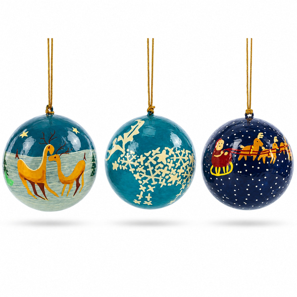 Set of 3 Night Sky Reindeer & Santa Sleigh Wooden Christmas Ball Ornaments 1