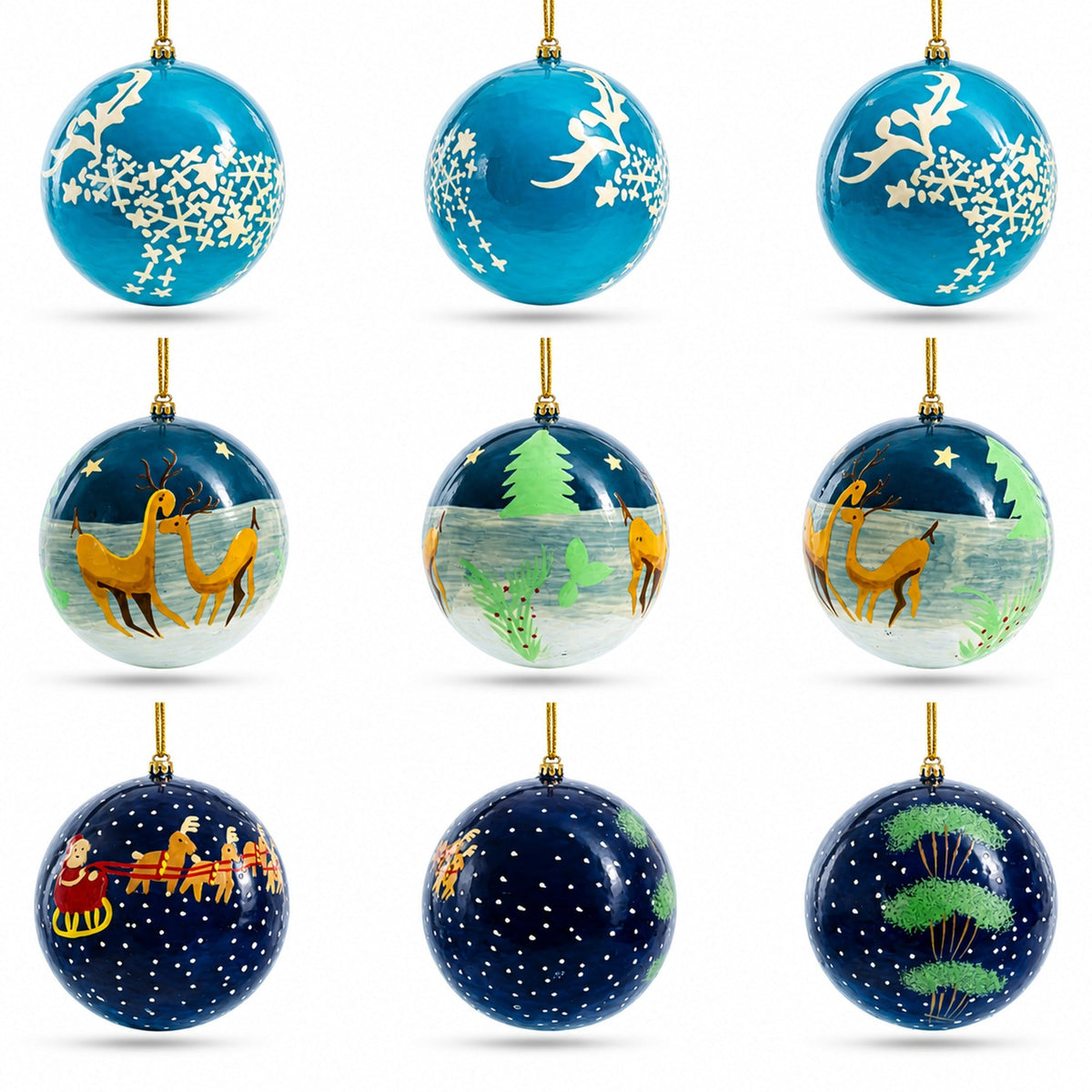 Set of 3 Night Sky Reindeer & Santa Sleigh Wooden Christmas Ball Ornaments 2
