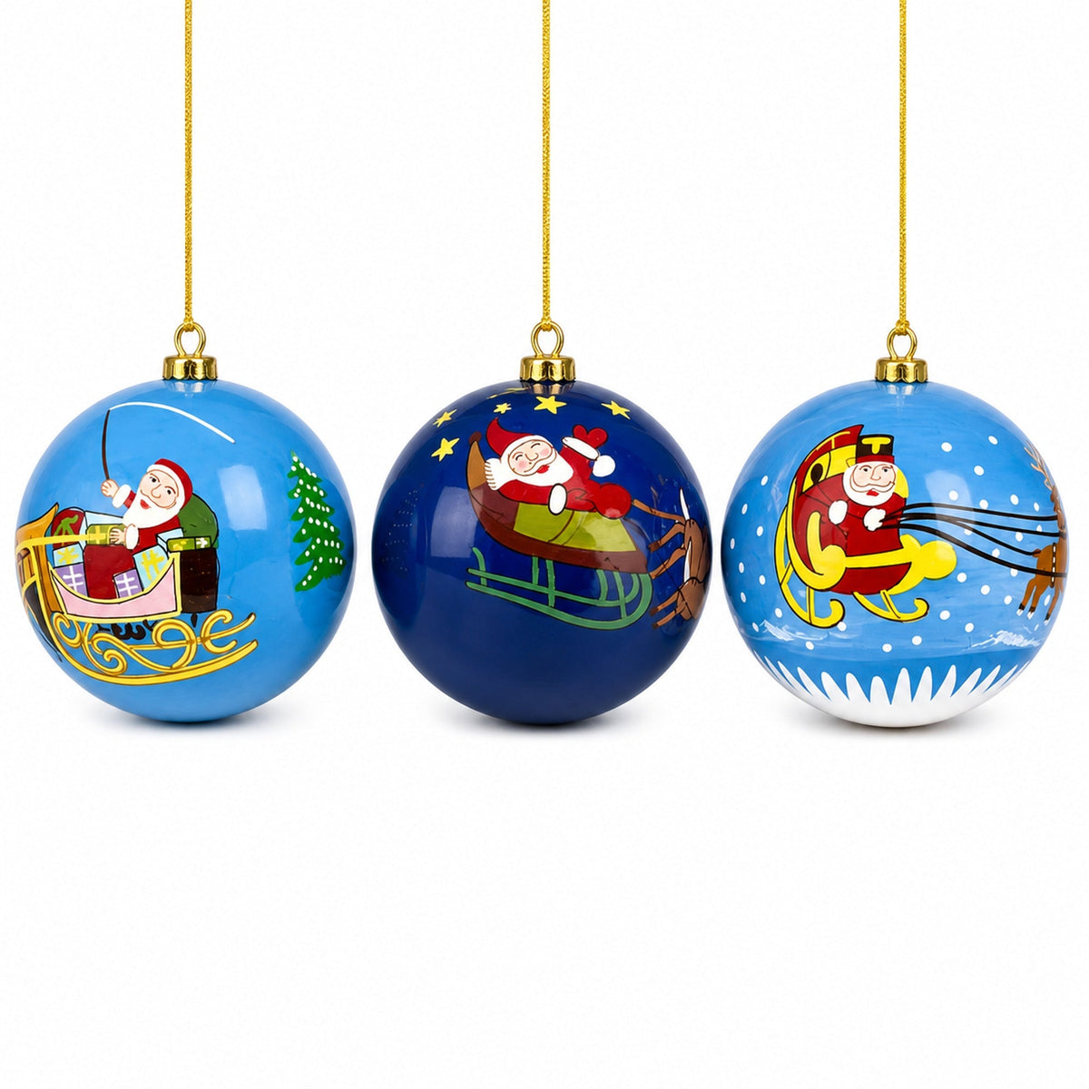 Set of 3 Santa Sleigh Reindeer Wooden Christmas Ball Ornaments 1