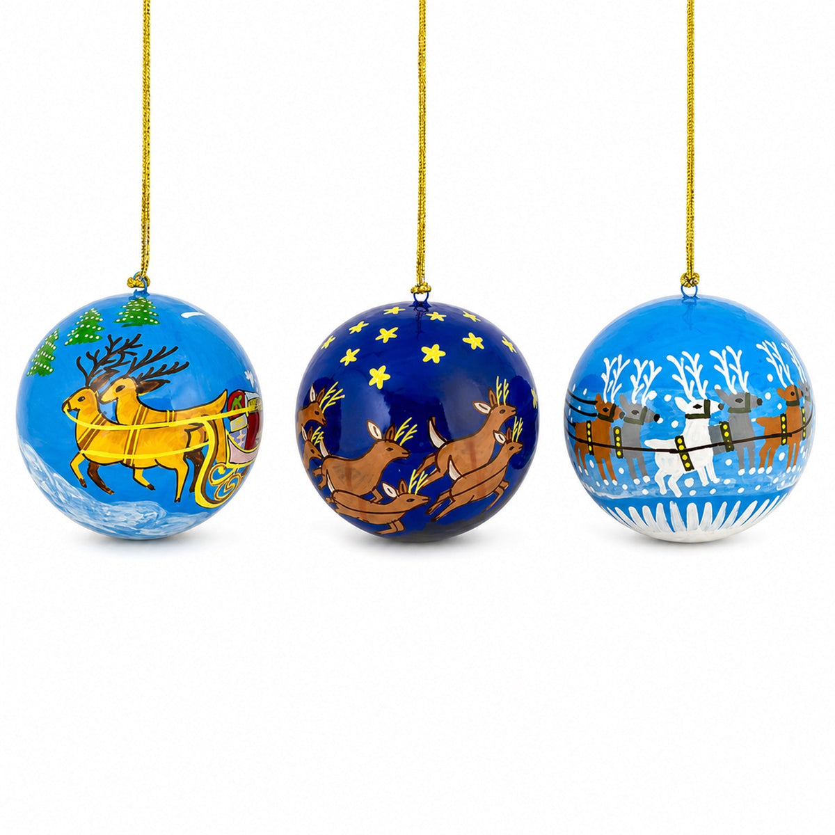 Set of 3 Santa Sleigh Reindeer Wooden Christmas Ball Ornaments 2