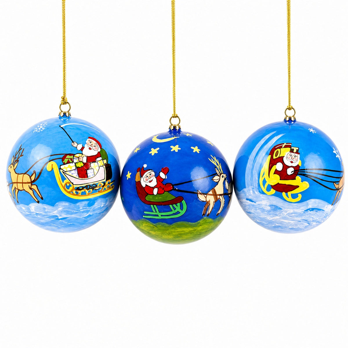 Set of 3 Santa Sleigh and Reindeer Wooden Christmas Ball Ornaments 1