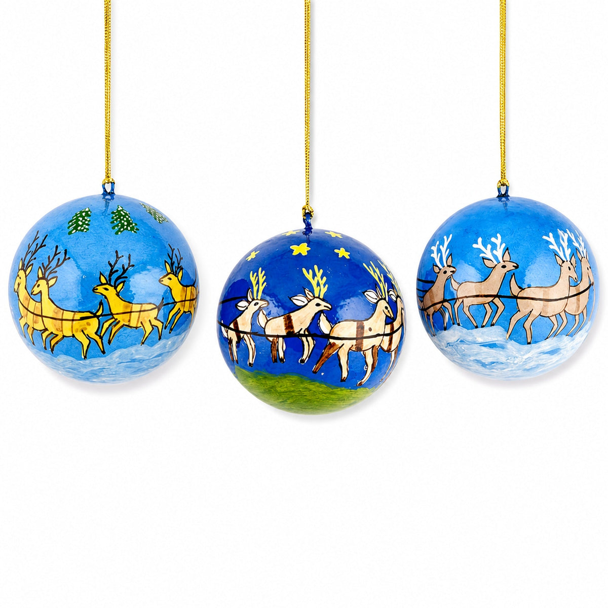 Set of 3 Santa Sleigh and Reindeer Wooden Christmas Ball Ornaments 2