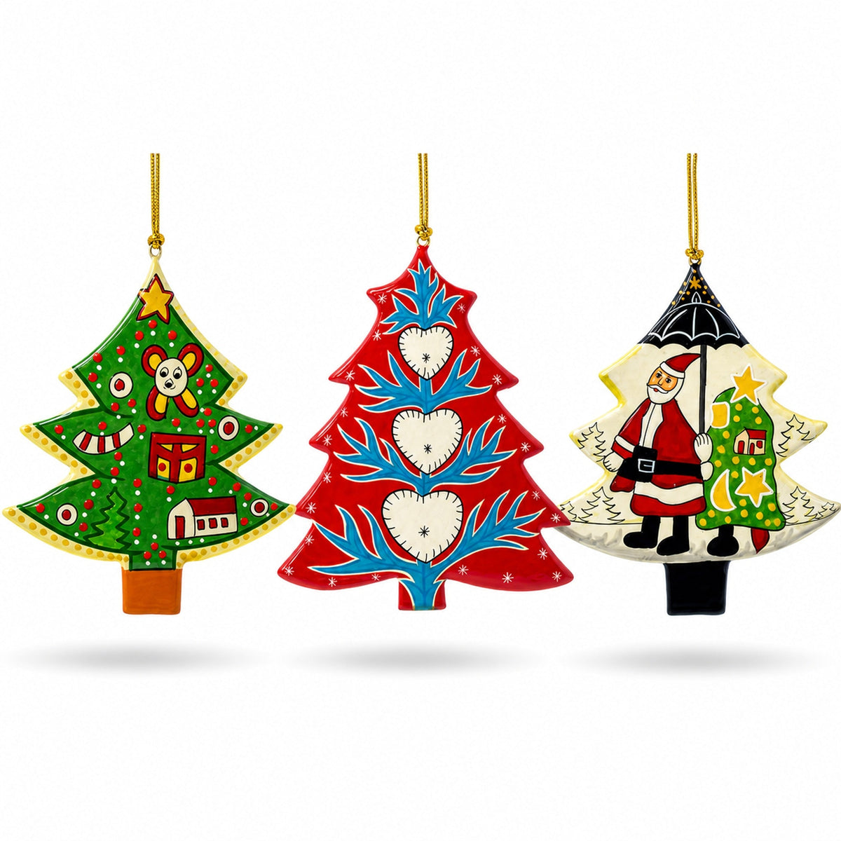 Set of 3 Colorful Holiday Trees with Santa and Hearts Wooden Christmas Ornaments 1