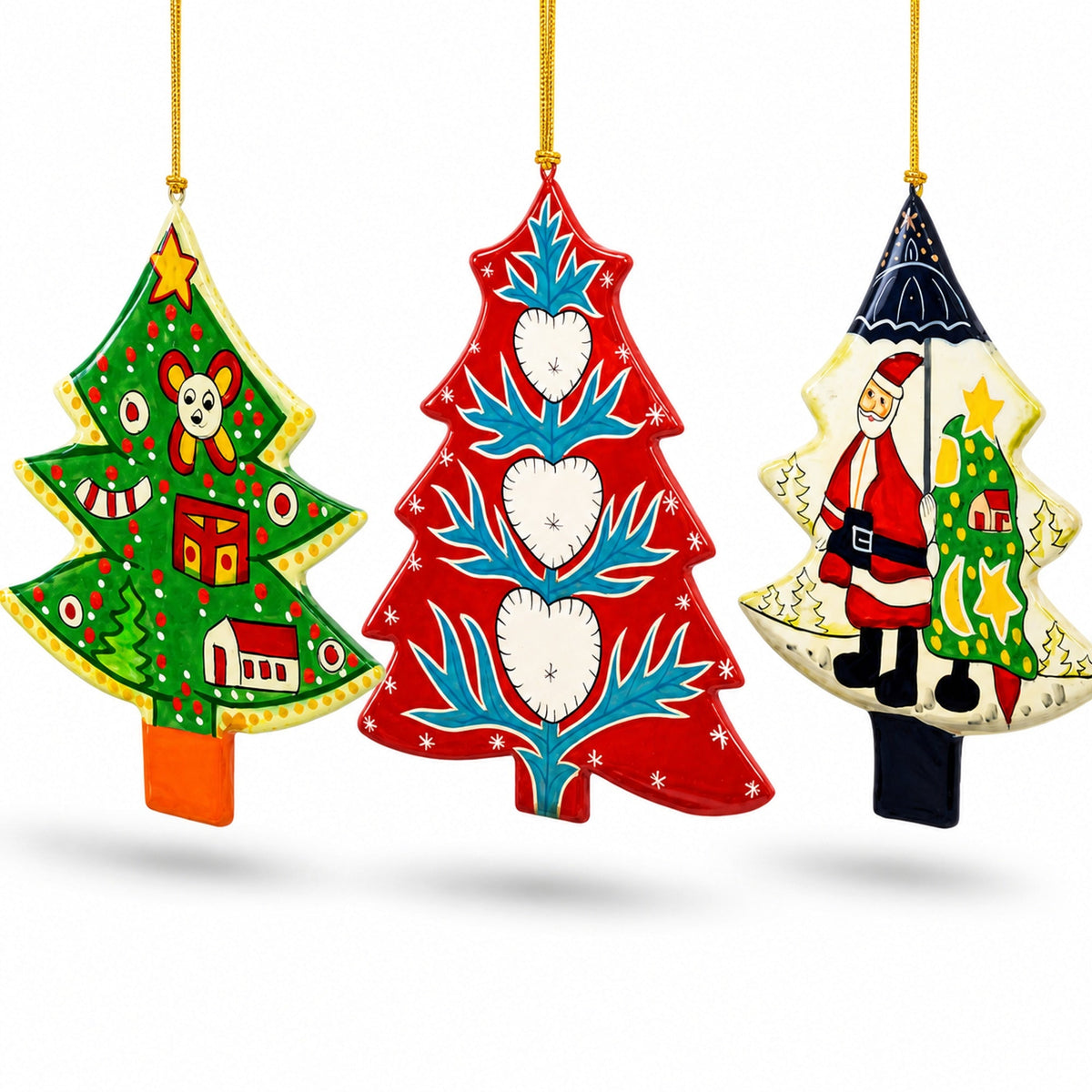 Set of 3 Colorful Holiday Trees with Santa and Hearts Wooden Christmas Ornaments 2