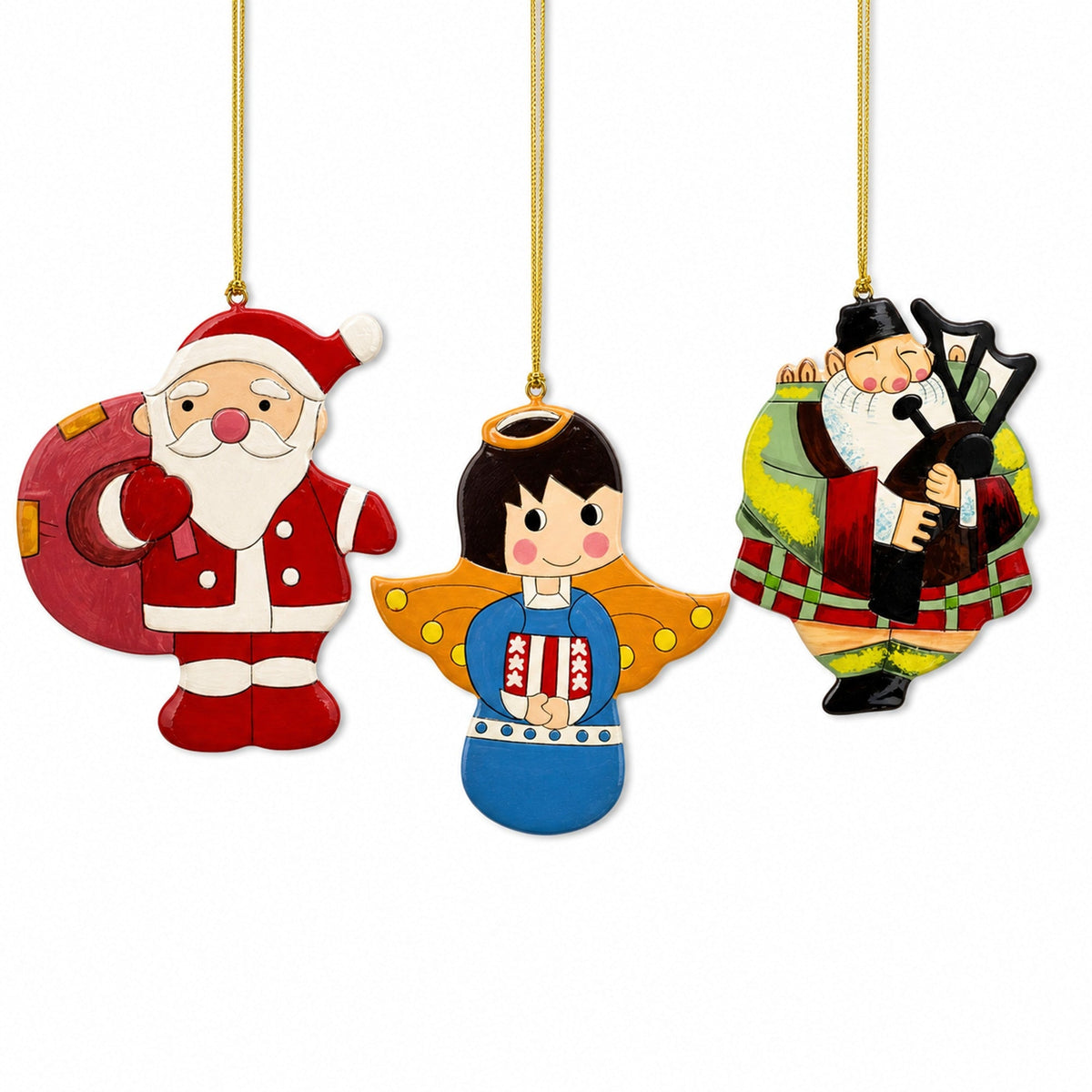 Scottish Bagpiper, Angel & Santa Wooden Christmas Ornaments 1