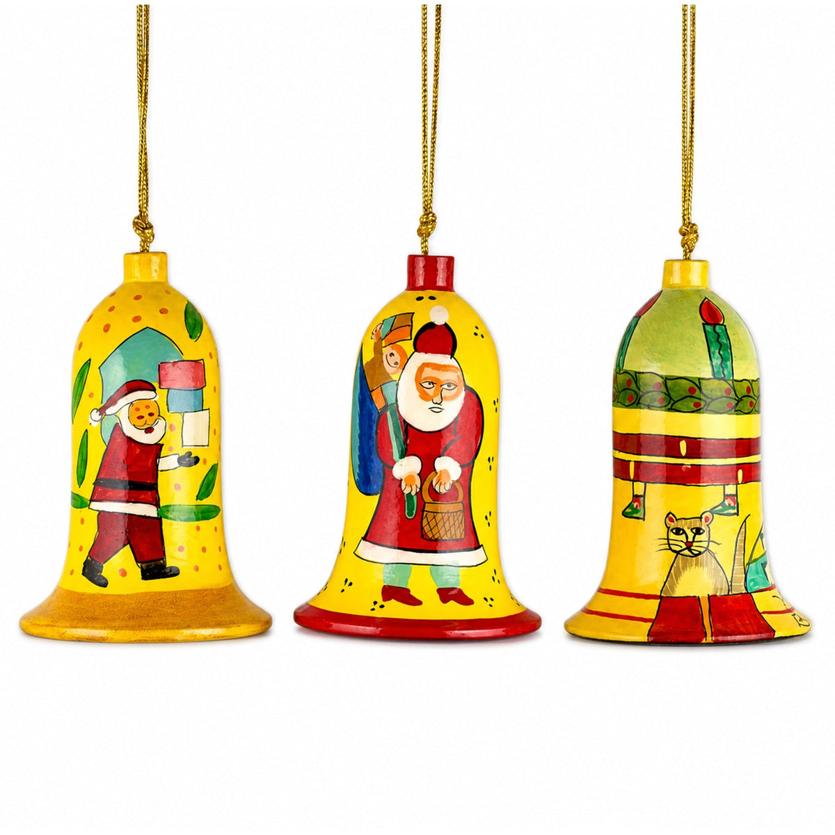 Set of 3 Vintage-Style Santa Holiday Bell Wooden Christmas Ornaments 1