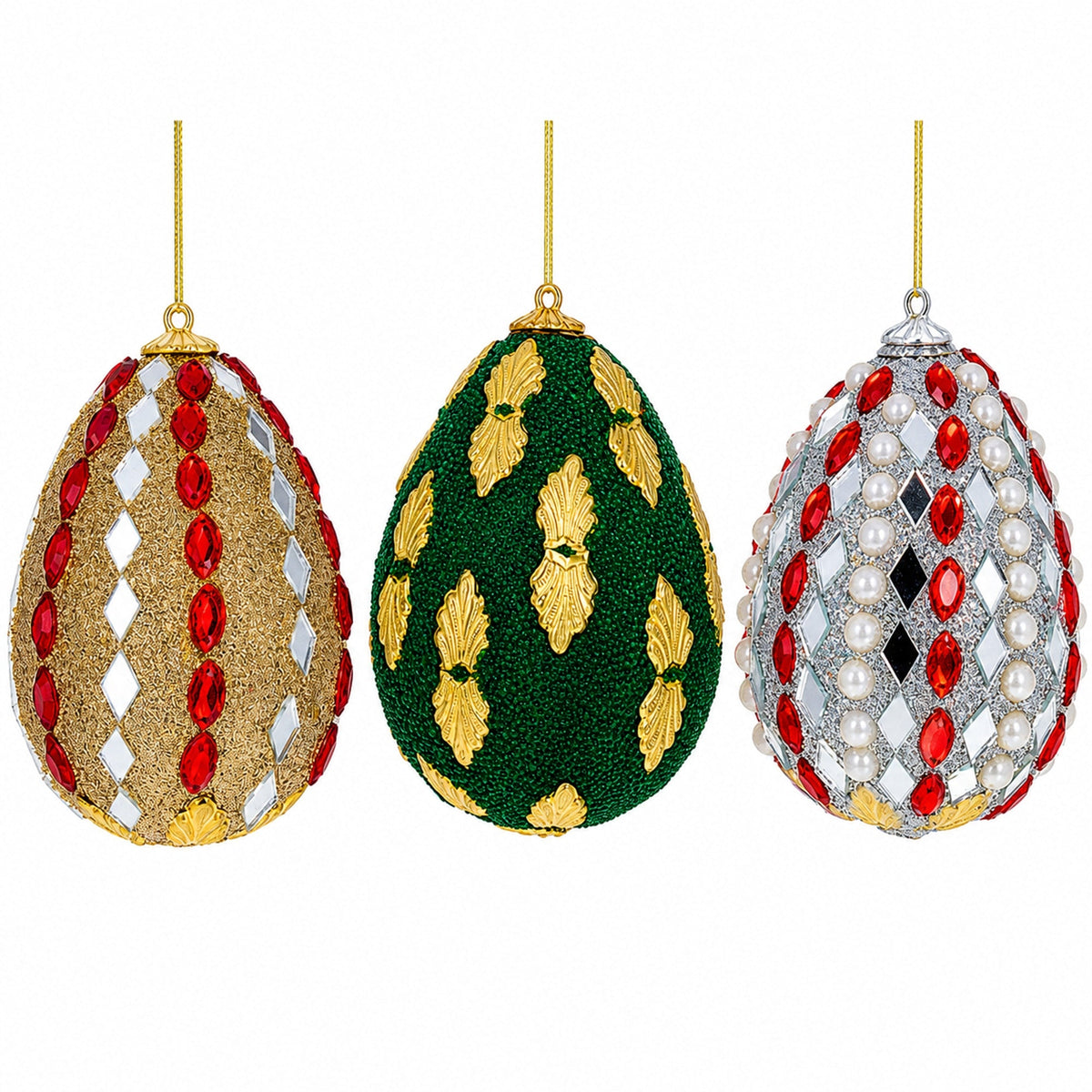 Set of 3 Mirrored and Golden Metal Leaf Wooden Egg Ornaments 3 Inches 1