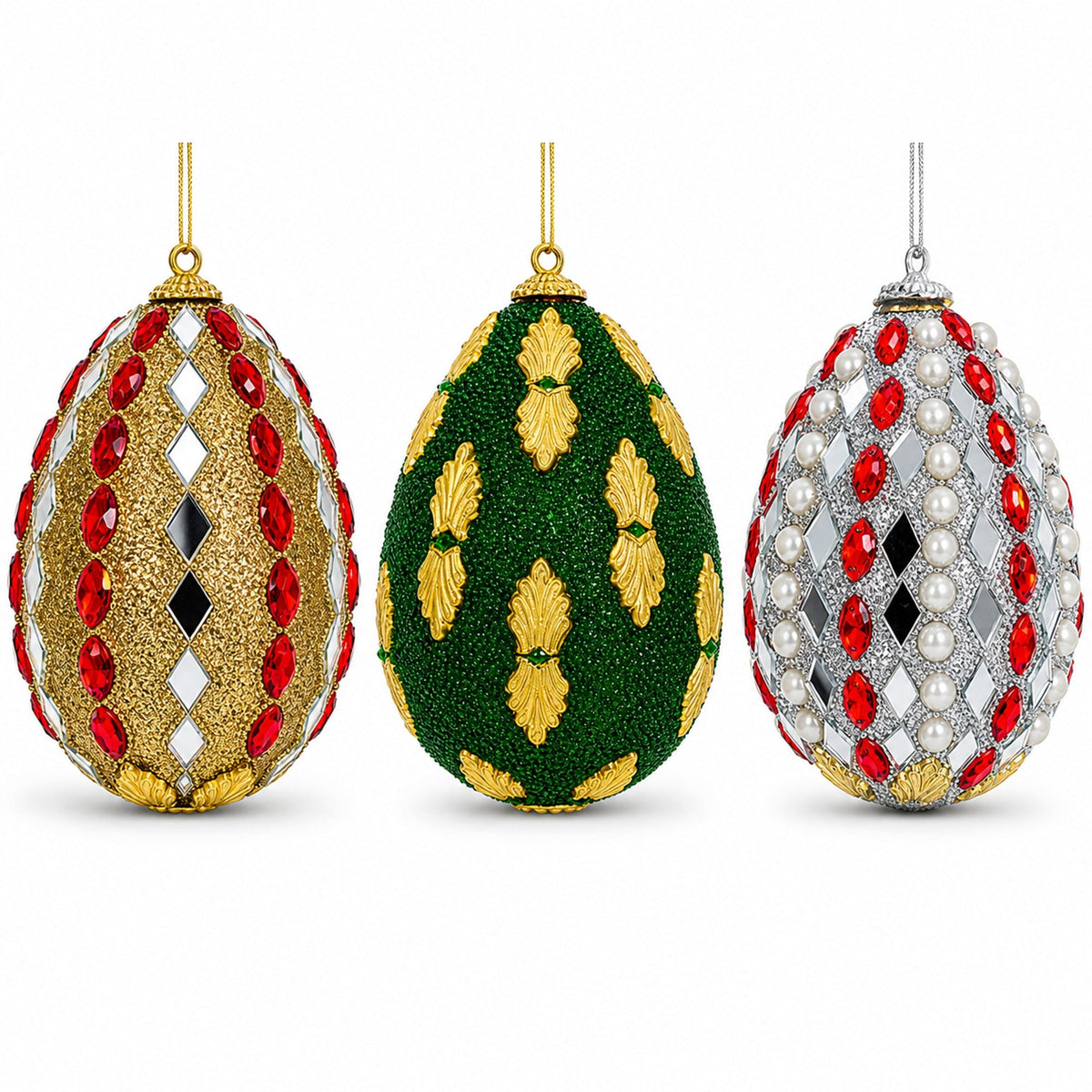 Set of 3 Mirrored and Golden Metal Leaf Wooden Egg Ornaments 3 Inches 2
